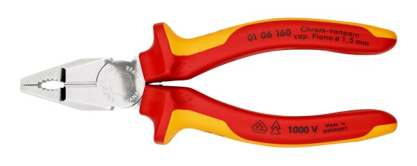 KNIPEX 01 06 160 Kombizange Chrom-Vanadin isoliert mit Mehrkomponenten-Hüllen, VDE-geprüft verchromt 160 mm
