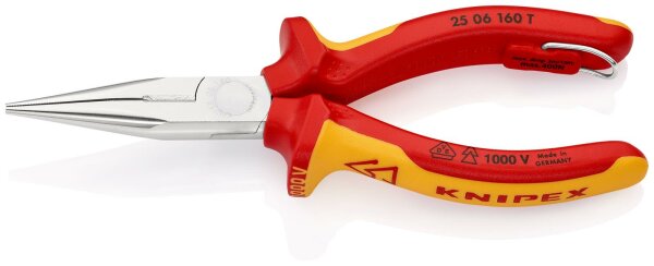KNIPEX 25 06 160 T Flachrundzange mit Schneide (Radiozange) isoliert mit Mehrkomponenten-Hüllen, VDE-geprüft verchromt 160 mm