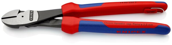 KNIPEX 74 02 250 T BK Kraft-Seitenschneider mit Mehrkomponenten-Hüllen, mit integrierter Befestigungsöse zum Anbringen einer Absturzsicherung schwarz atramentiert 250 mm