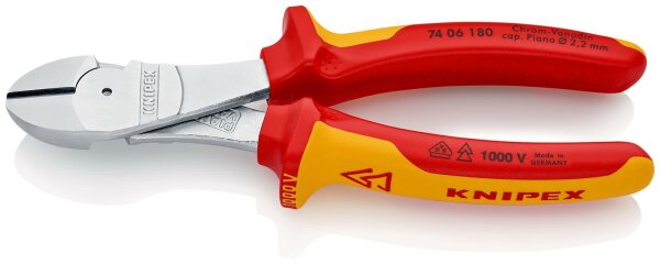 KNIPEX 74 06 180 Kraft-Seitenschneider isoliert mit Mehrkomponenten-Hüllen, VDE-geprüft verchromt 180 mm