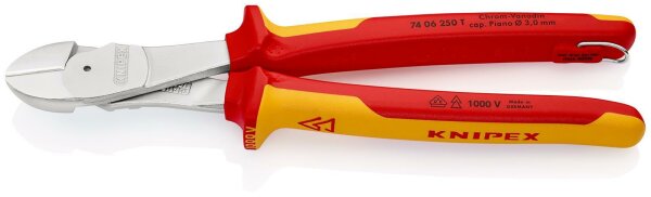 KNIPEX 74 06 250 T BK Kraft-Seitenschneider isoliert mit Mehrkomponenten-Hüllen, VDE-geprüft; mit integrierter isolierter Befestigungsöse zum Anbringen einer Absturzsicherung verchromt 250 mm