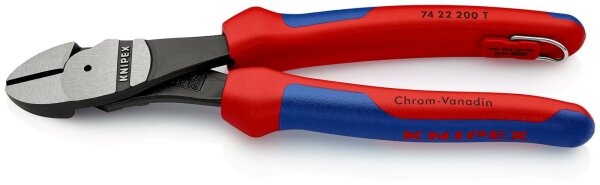 KNIPEX 74 22 200 T BK Kraft-Seitenschneider mit Mehrkomponenten-Hüllen, mit integrierter Befestigungsöse zum Anbringen einer Absturzsicherung schwarz atramentiert 200 mm