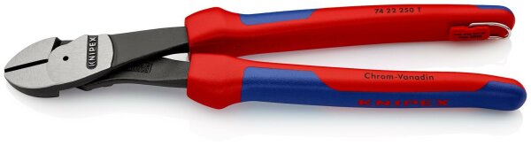 KNIPEX 74 22 250 T Kraft-Seitenschneider mit Mehrkomponenten-Hüllen, mit integrierter Befestigungsöse zum Anbringen einer Absturzsicherung schwarz atramentiert 250 mm