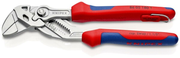 KNIPEX 86 05 180 T Zangenschlüssel Zange und Schraubenschlüssel in einem Werkzeug mit Mehrkomponenten-Hüllen, mit integrierter Befestigungsöse zum Anbringen einer Absturzsicherung verchromt 180 mm