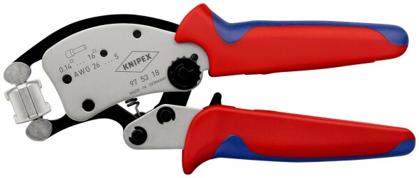 KNIPEX 97 53 18 SB Twistor16® Selbsteinstellende Crimpzange für Aderendhülsen mit drehbarem Crimpkopf mit Mehrkomponenten-Hüllen verchromt 200 mm