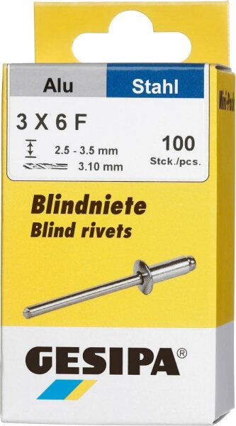 Blindniet Alu/Stahl Flachrundkopf Mini-Pack 3x6mm a 100Stück GESIPA