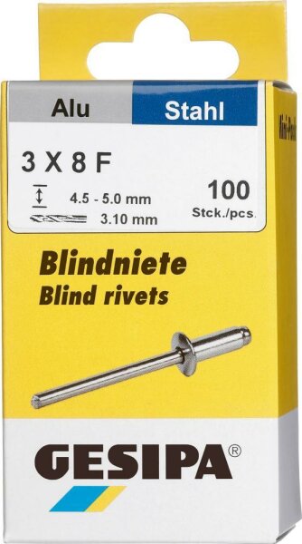 Blindniet Alu/Stahl Flachrundkopf Mini-Pack 3x8mm a 100Stück GESIPA