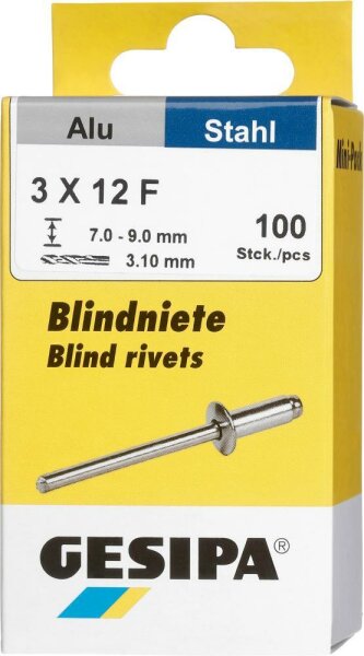 Blindniet Alu/Stahl Flachrundkopf Mini-Pack 3x12mm a 100Stück GESIPA