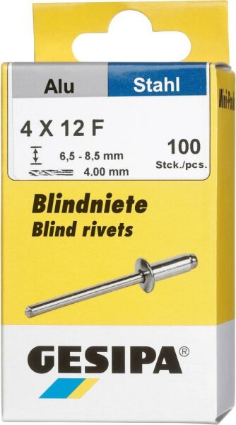 Blindniet Alu/Stahl Flachrundkopf Mini-Pack 4x12mm a 100Stück GESIPA