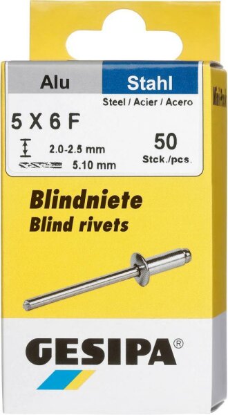 Blindniet Alu/Stahl Flachrundkopf Mini-Pack 5x6mm a 50Stück GESIPA
