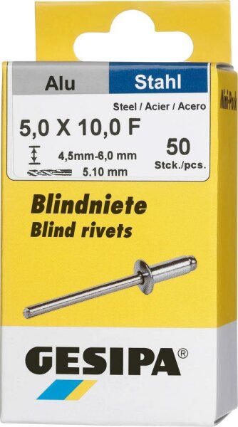 Blindniet Alu/Stahl Flachrundkopf Mini-Pack 5x10mm a 50Stück GESIPA