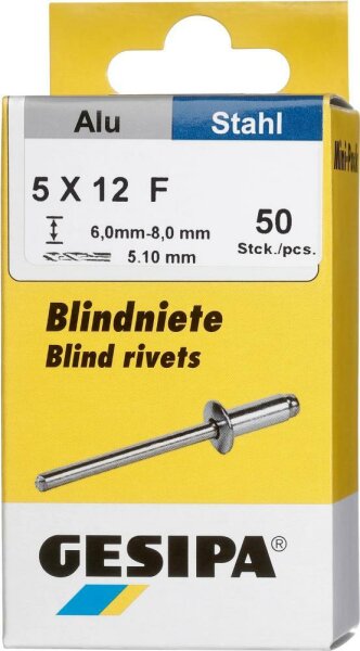 Blindniet Alu/Stahl Flachrundkopf Mini-Pack 5x12mm a 50Stück GESIPA